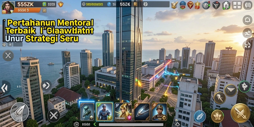 Screenshot gameplay 555ZK yang menunjukkan menara dan musuh.