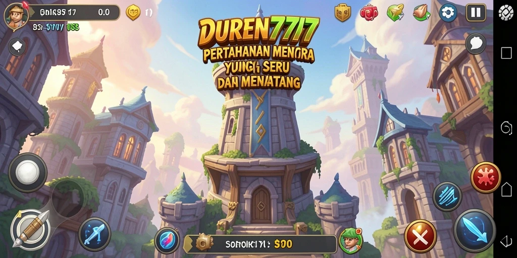 Screenshot DUREN777 menampilkan aksi menara dalam pertempuran Tower Defense.