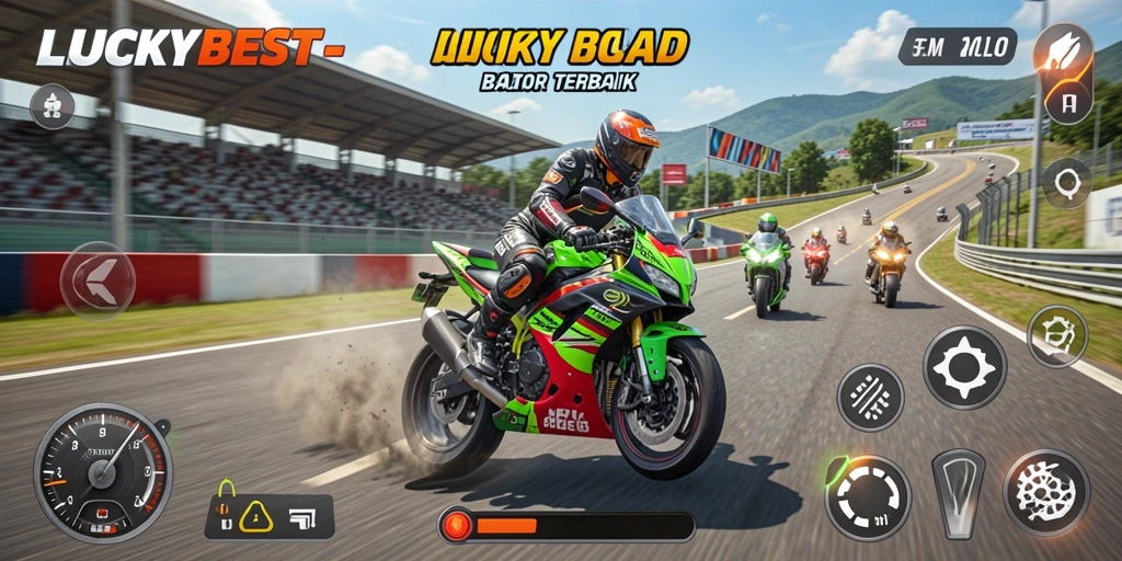 Tangkapan layar gameplay LUCKYBEST dengan balapan motor yang intens.