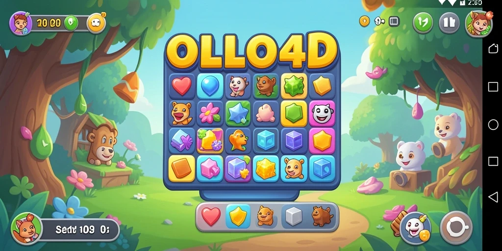 Screenshot gameplay OLLO4D menampilkan pencocokan elemen berwarna yang menawan.